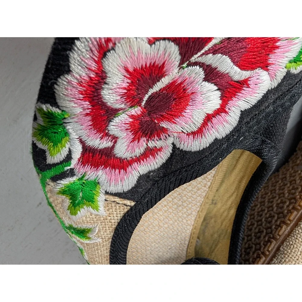 Traditional Chinese Floral Embroidered Double Ankle Wrap Ballet Shoes Size 39